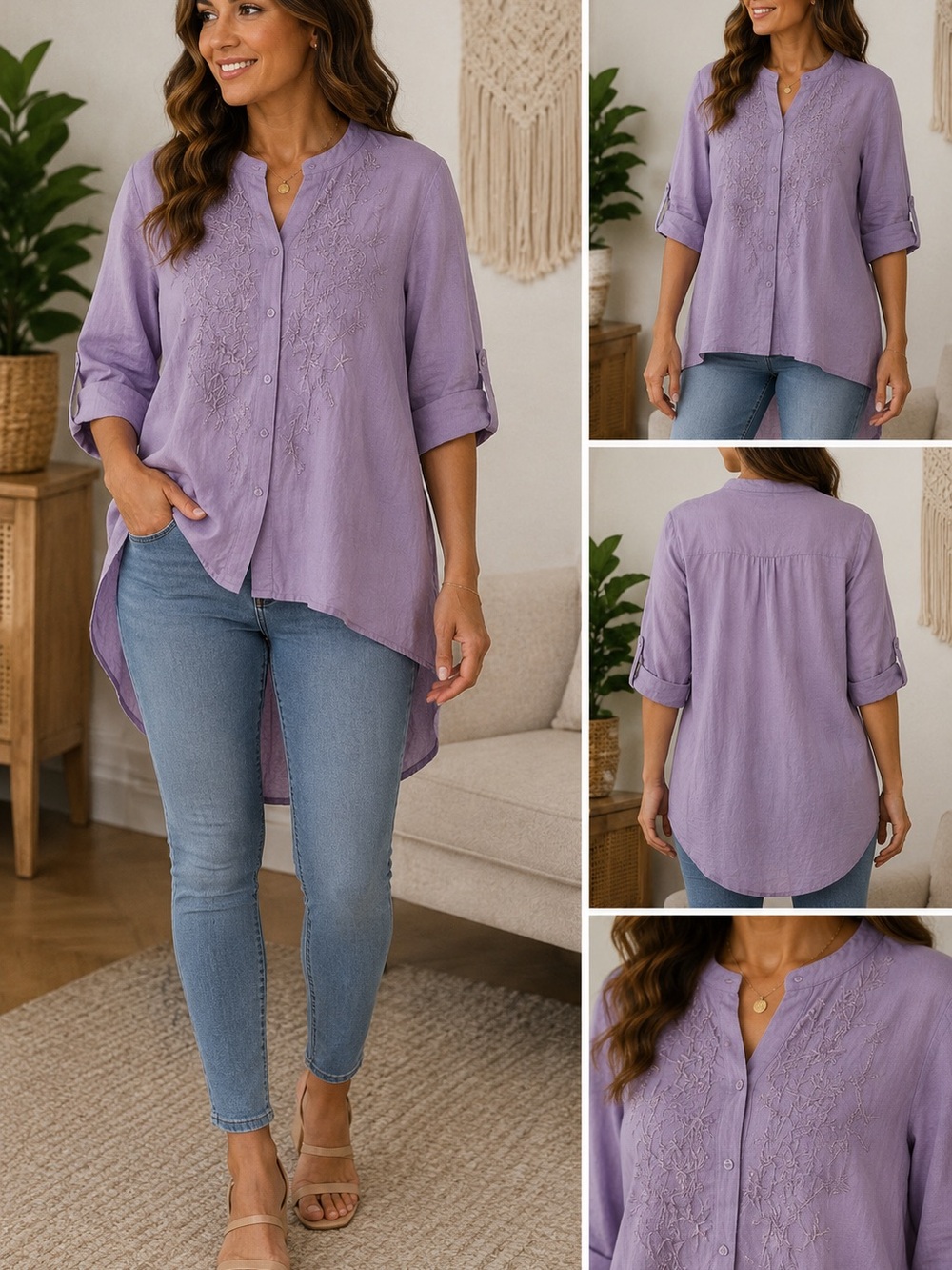 NWT KOMILI Lavender Embroidered Tunic Blouse Women’s XL Boho Floral Top